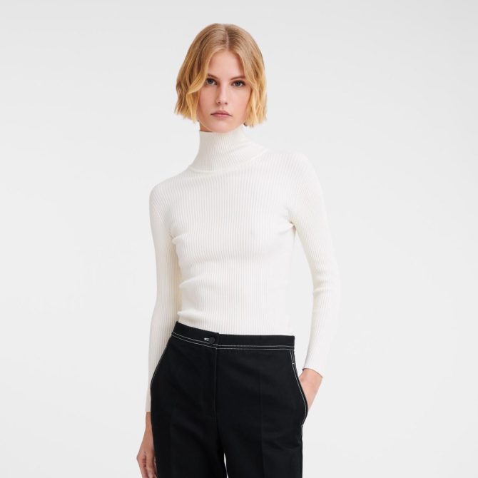 Women Knitwear | Longchamp High Collar Fitted Jumper Ecru