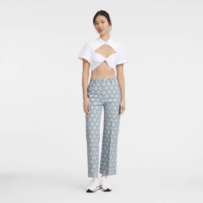 Women Trousers & Shorts | Longchamp Embroidered Denim Trousers Sky Blue